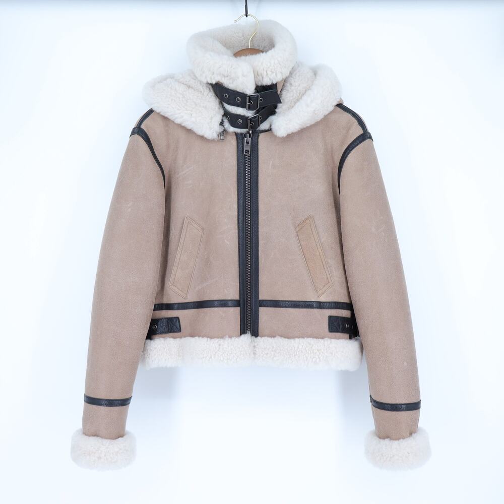 SAM Farryn Shearling Aviator Jacket Tan Black Leather Long Sleeve Coat Women's M